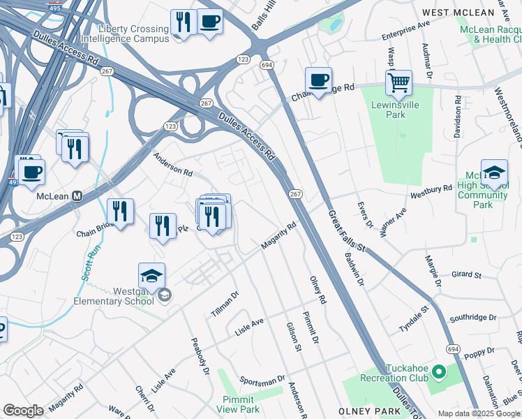 map of restaurants, bars, coffee shops, grocery stores, and more near 1647 Colonial Lane in McLean