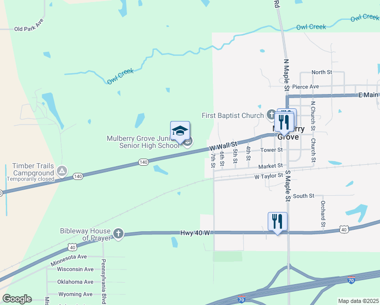 map of restaurants, bars, coffee shops, grocery stores, and more near 801 West Wall Street in Mulberry Grove