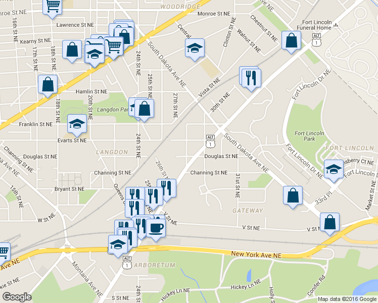 map of restaurants, bars, coffee shops, grocery stores, and more near 2800 Douglas Street Northeast in Washington