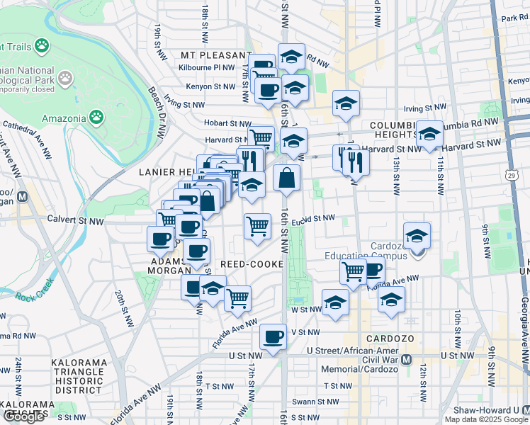 map of restaurants, bars, coffee shops, grocery stores, and more near 2517 Mozart Place Northwest in Washington