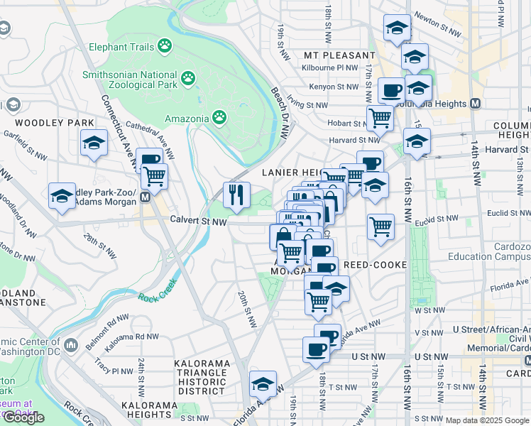 map of restaurants, bars, coffee shops, grocery stores, and more near 2630 Adams Mill Road Northwest in Washington
