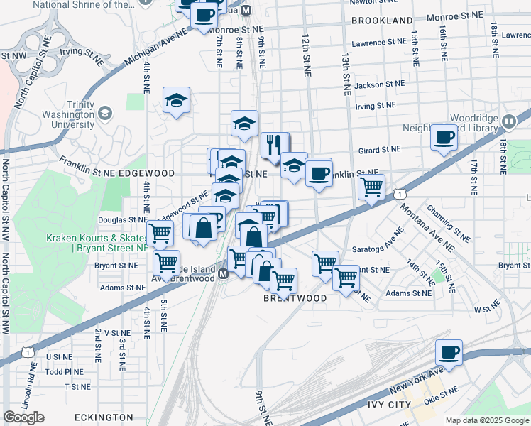 map of restaurants, bars, coffee shops, grocery stores, and more near 2607 Reed Street Northeast in Washington