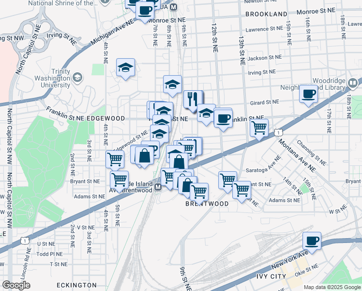 map of restaurants, bars, coffee shops, grocery stores, and more near 2607 Reed Street Northeast in Washington