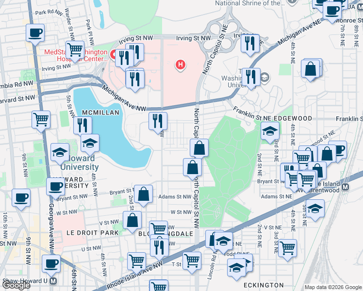map of restaurants, bars, coffee shops, grocery stores, and more near 101 Independence Avenue Southeast in Washington