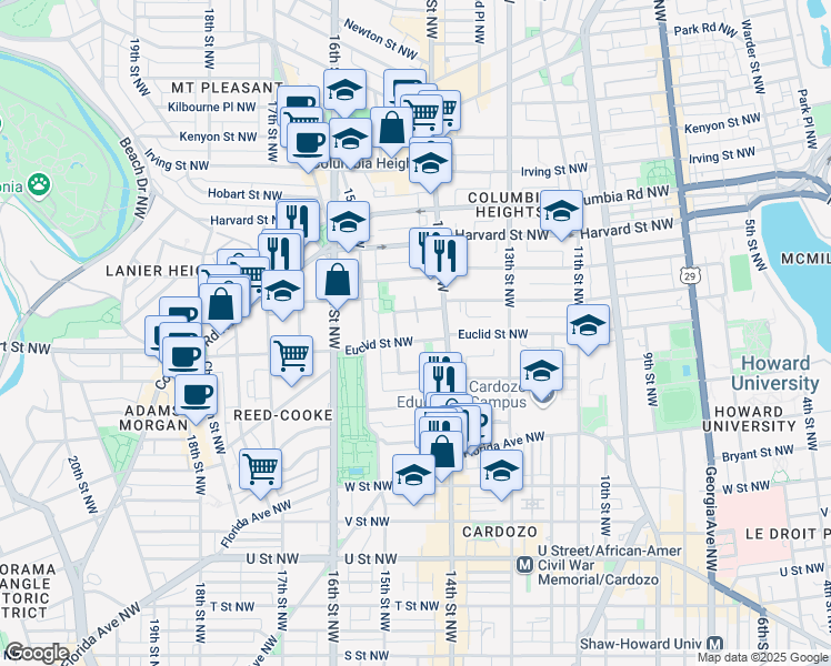 map of restaurants, bars, coffee shops, grocery stores, and more near 1435 Euclid Street Northwest in Washington