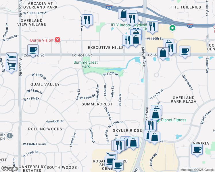 map of restaurants, bars, coffee shops, grocery stores, and more near 11312 Riley Street in Overland Park
