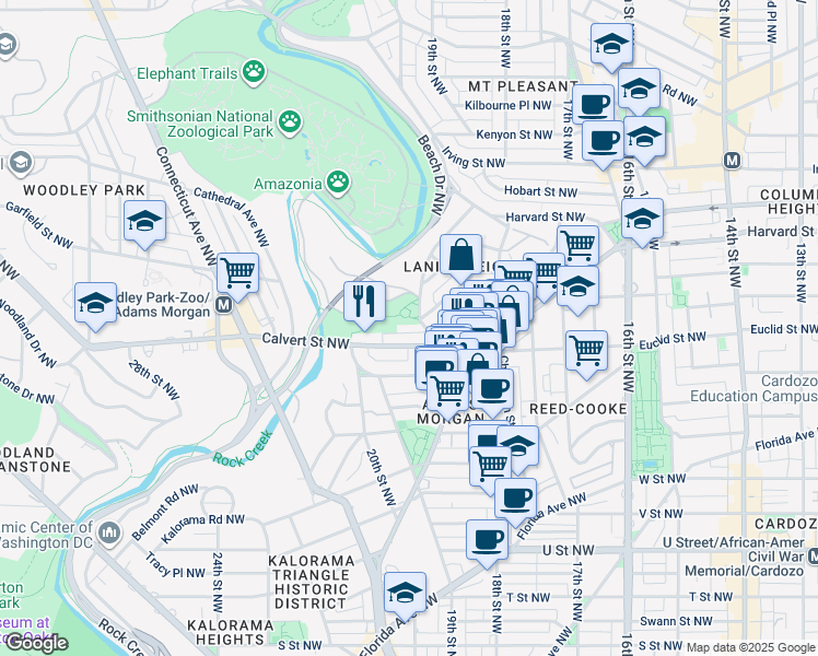 map of restaurants, bars, coffee shops, grocery stores, and more near 2630 Adams Mill Road Northwest in Washington