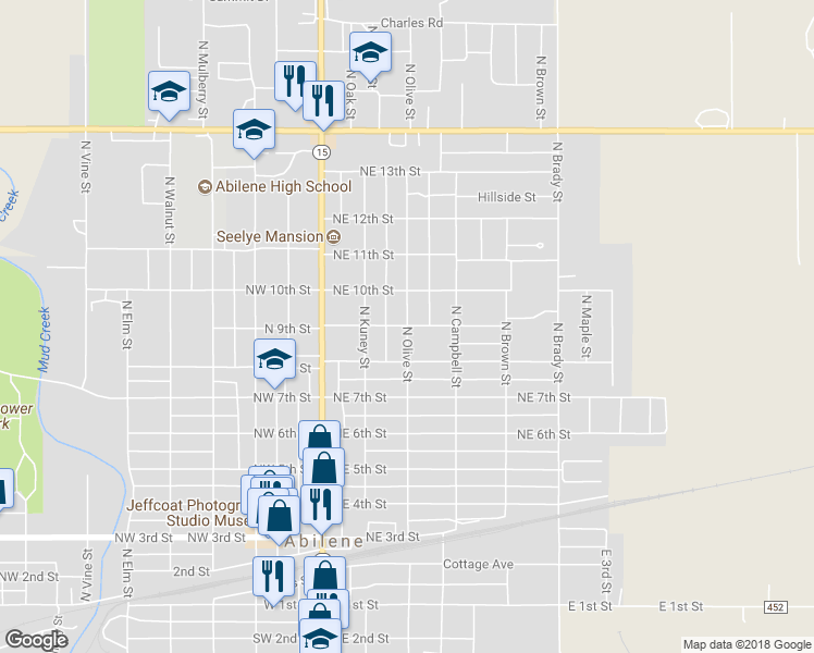 map of restaurants, bars, coffee shops, grocery stores, and more near 298 Northeast 9th Street in Abilene