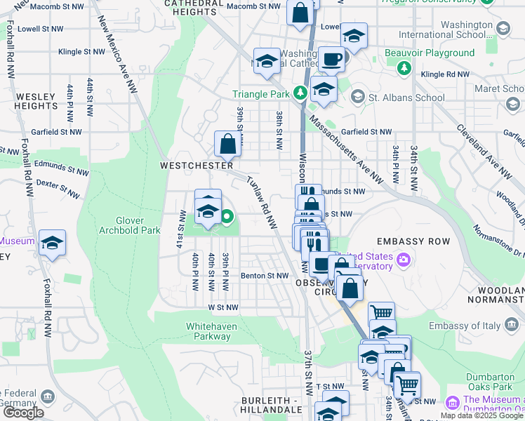 map of restaurants, bars, coffee shops, grocery stores, and more near 3819 Davis Place Northwest in Washington