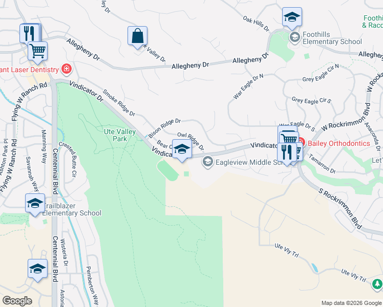 map of restaurants, bars, coffee shops, grocery stores, and more near 1325 Owl Ridge Drive in Colorado Springs