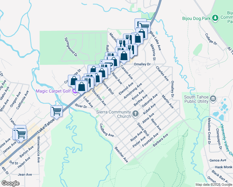 map of restaurants, bars, coffee shops, grocery stores, and more near in South Lake Tahoe
