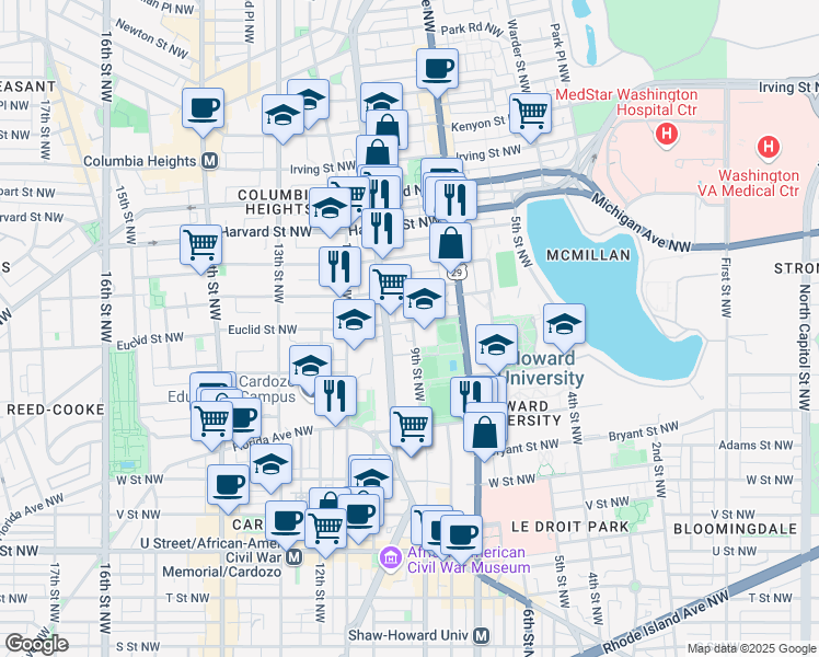 map of restaurants, bars, coffee shops, grocery stores, and more near 101 Independence Avenue Southeast in Washington