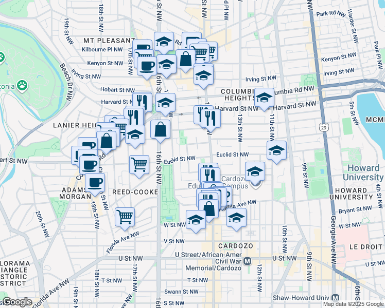 map of restaurants, bars, coffee shops, grocery stores, and more near 1441 Euclid Street Northwest in Washington