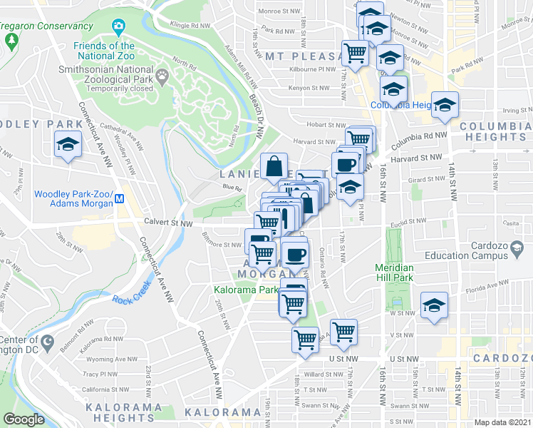 map of restaurants, bars, coffee shops, grocery stores, and more near 1827 Adams Mill Road Northwest in Washington