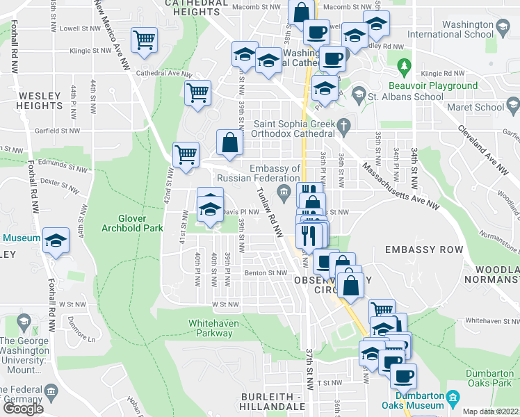 map of restaurants, bars, coffee shops, grocery stores, and more near 3810 Davis Place Northwest in Washington