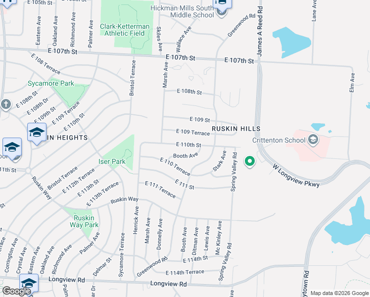 map of restaurants, bars, coffee shops, grocery stores, and more near 11020 Booth Avenue in Kansas City