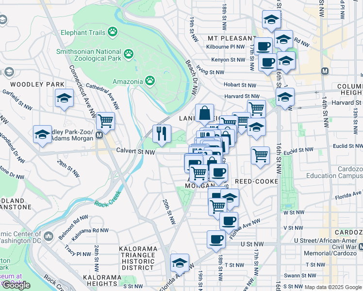 map of restaurants, bars, coffee shops, grocery stores, and more near 2630 Adams Mill Road Northwest in Washington