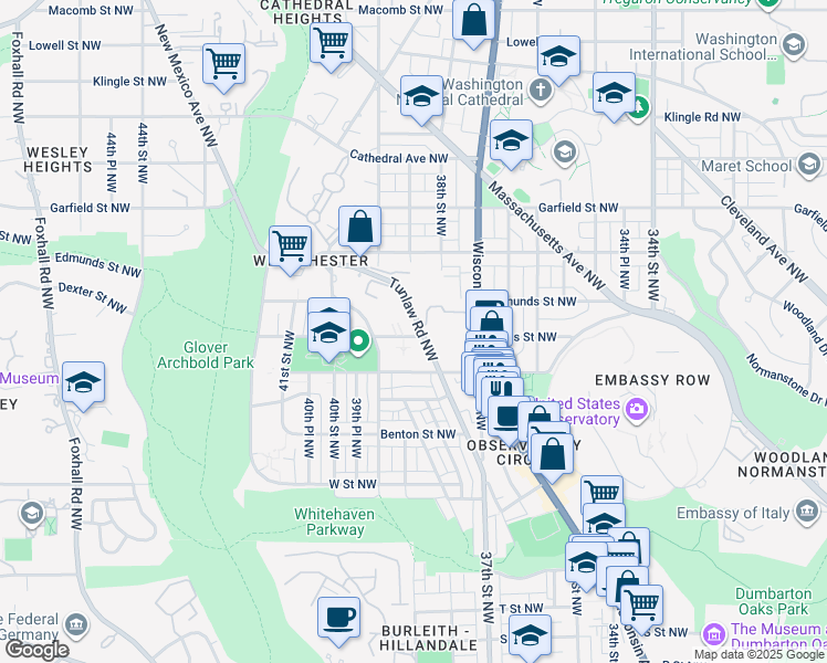 map of restaurants, bars, coffee shops, grocery stores, and more near 2600 Tunlaw Road Northwest in Washington