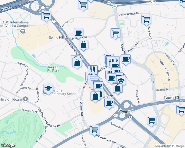 map of restaurants, bars, coffee shops, grocery stores, and more near 8401 Leesburg Pike in Tysons