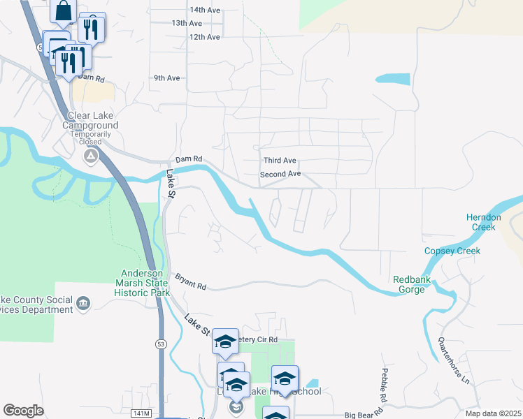 map of restaurants, bars, coffee shops, grocery stores, and more near 16355 Dam Road in Clearlake