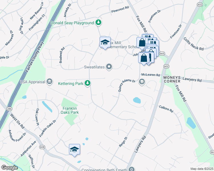 map of restaurants, bars, coffee shops, grocery stores, and more near 12570 Quincy Adams Court in Herndon