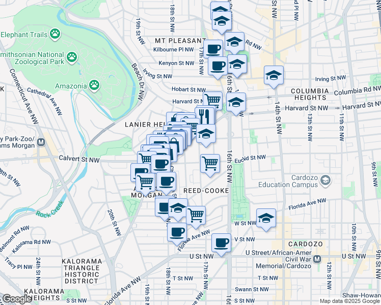 map of restaurants, bars, coffee shops, grocery stores, and more near 2525 Ontario Road Northwest in Washington