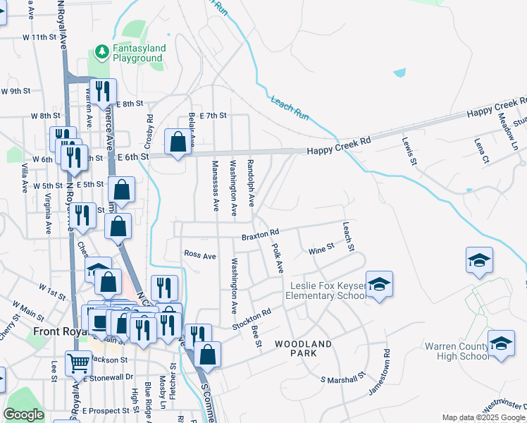 map of restaurants, bars, coffee shops, grocery stores, and more near 809 Happy Creek Road in Front Royal