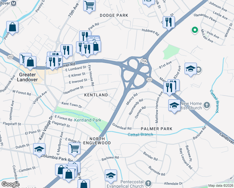 map of restaurants, bars, coffee shops, grocery stores, and more near 2541 Markham Lane in Hyattsville