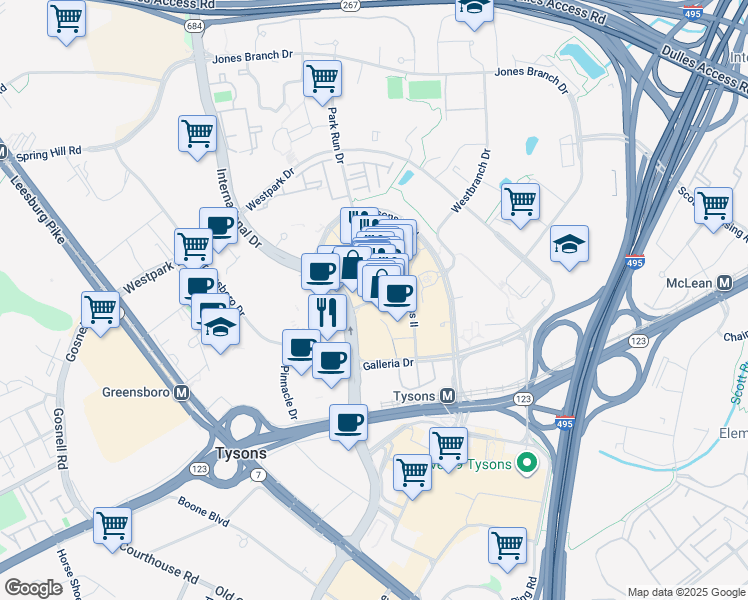 map of restaurants, bars, coffee shops, grocery stores, and more near 2001 International Drive in McLean