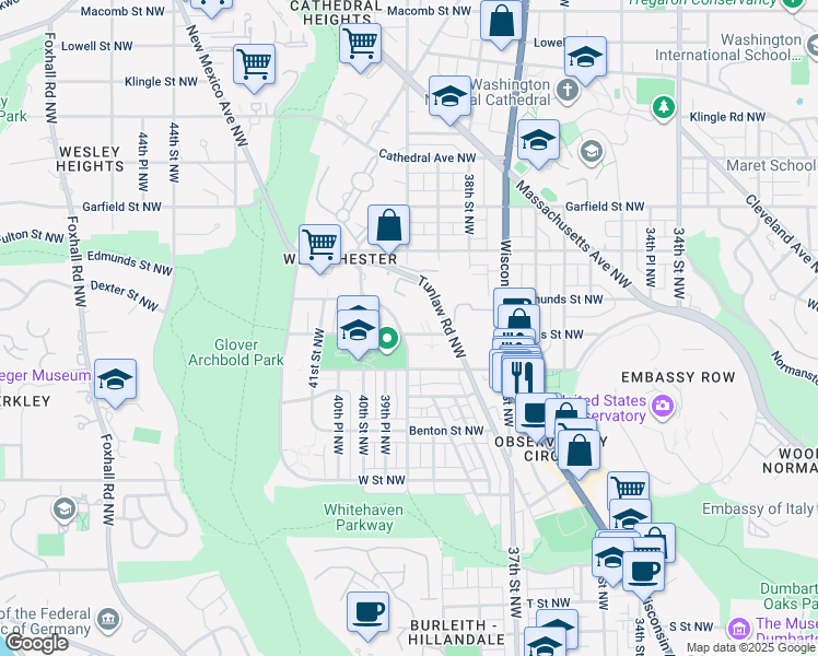 map of restaurants, bars, coffee shops, grocery stores, and more near 2603 39th Street Northwest in Washington