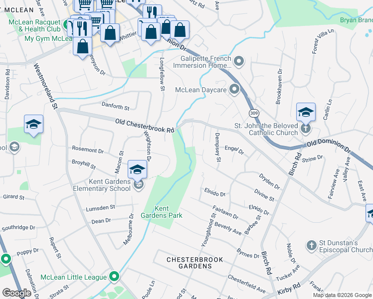 map of restaurants, bars, coffee shops, grocery stores, and more near 6637 Old Chesterbrook Road in McLean