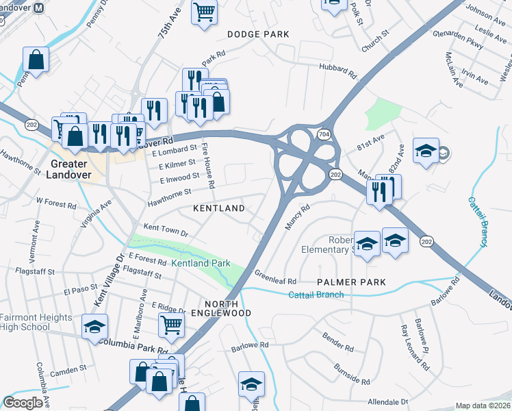 map of restaurants, bars, coffee shops, grocery stores, and more near 2506 Markham Lane in Hyattsville