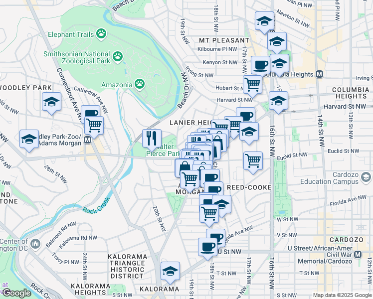 map of restaurants, bars, coffee shops, grocery stores, and more near 2611 Adams Mill Road Northwest in Washington