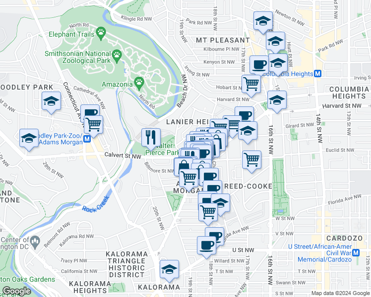 map of restaurants, bars, coffee shops, grocery stores, and more near 2611 Adams Mill Road Northwest in Washington