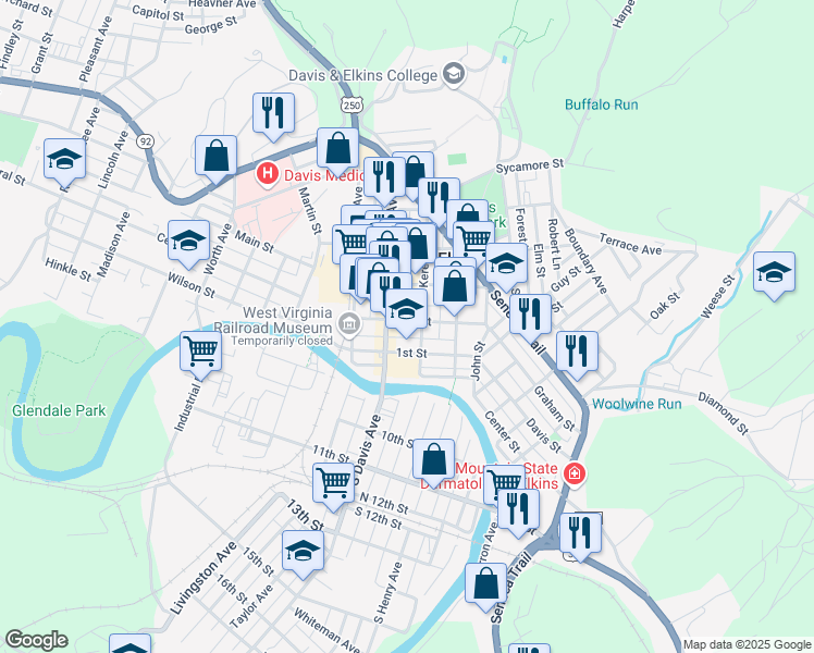 map of restaurants, bars, coffee shops, grocery stores, and more near 116 2nd Street in Elkins