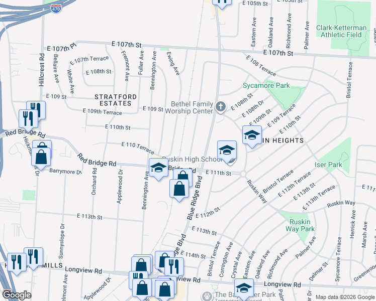 map of restaurants, bars, coffee shops, grocery stores, and more near 11012 Cambridge Avenue in Kansas City
