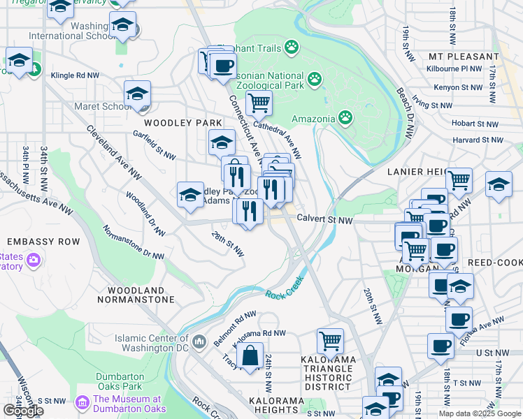map of restaurants, bars, coffee shops, grocery stores, and more near 2401 Calvert Street Northwest in Washington