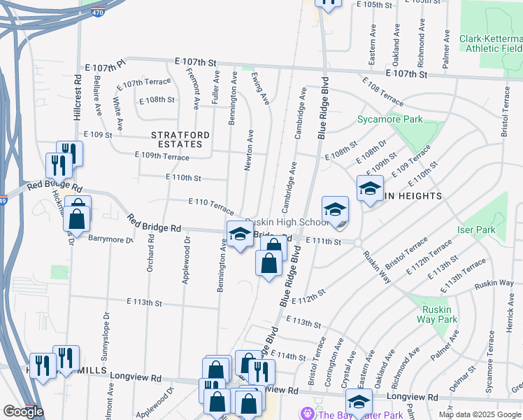 map of restaurants, bars, coffee shops, grocery stores, and more near 11011 Ewing Avenue in Kansas City