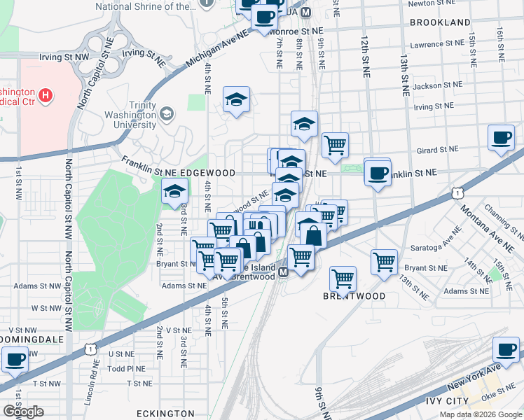 map of restaurants, bars, coffee shops, grocery stores, and more near 601 Edgewood Street Northeast in Washington