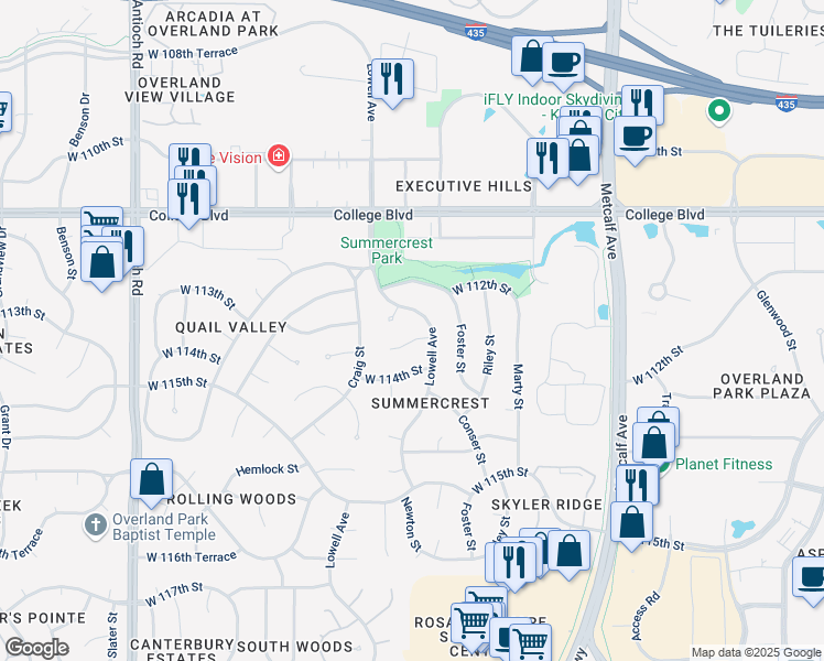 map of restaurants, bars, coffee shops, grocery stores, and more near 7909 West 113th Terrace in Overland Park