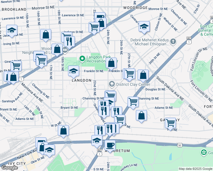 map of restaurants, bars, coffee shops, grocery stores, and more near 2604 24th Street Northeast in Washington