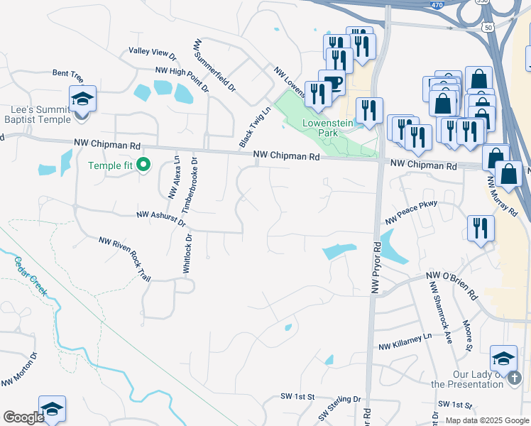 map of restaurants, bars, coffee shops, grocery stores, and more near 505 Highcliffe Drive in Lee's Summit