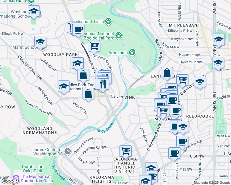 map of restaurants, bars, coffee shops, grocery stores, and more near 2601 Woodley Place Northwest in Washington