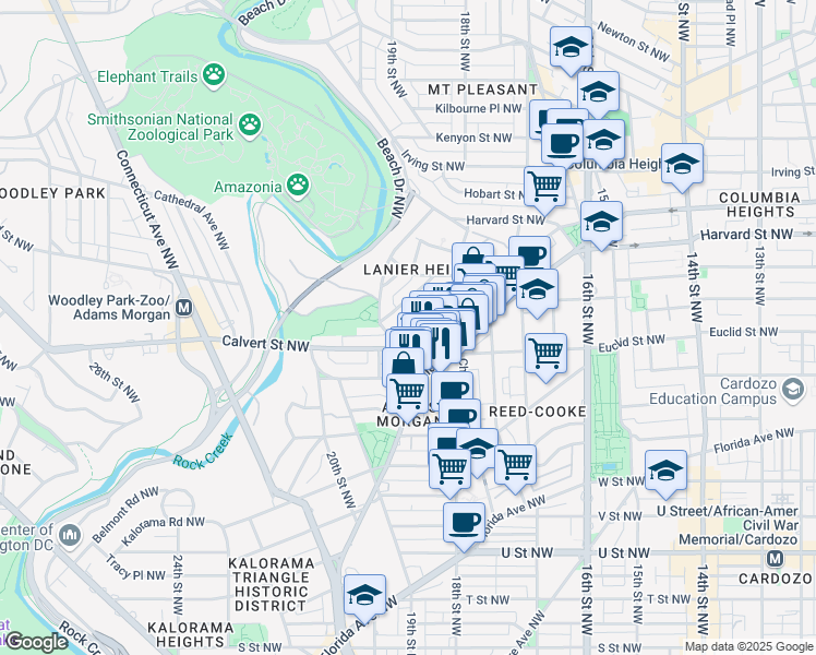 map of restaurants, bars, coffee shops, grocery stores, and more near 1793 Lanier Place Northwest in Washington