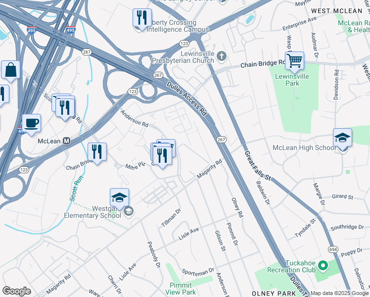 map of restaurants, bars, coffee shops, grocery stores, and more near 1643 Westwind Way in McLean