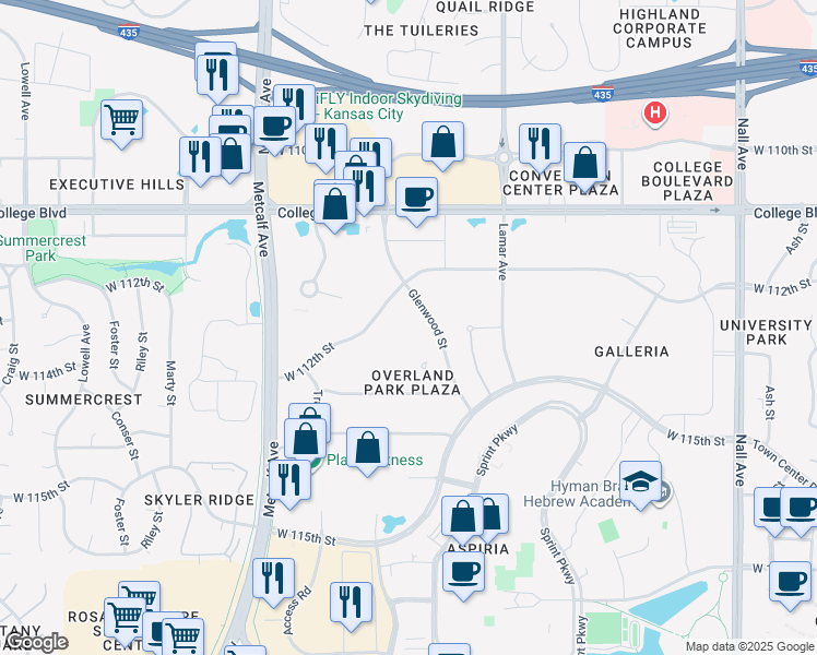map of restaurants, bars, coffee shops, grocery stores, and more near 11250 Glenwood Street in Overland Park