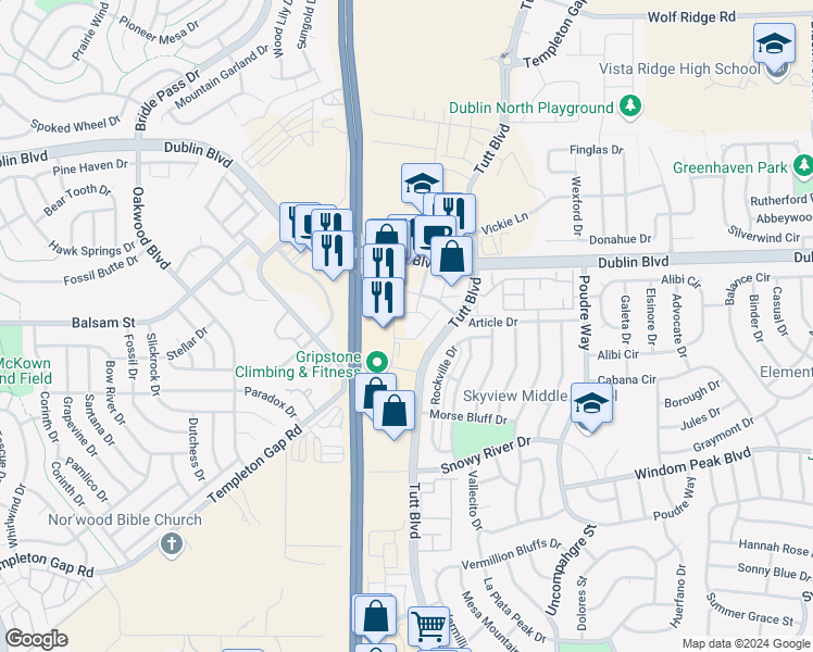 map of restaurants, bars, coffee shops, grocery stores, and more near 6378 Rockville Drive in Colorado Springs