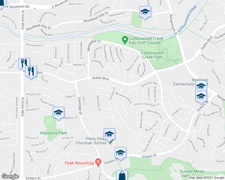 map of restaurants, bars, coffee shops, grocery stores, and more near 3470 Cedarhurst Way in Colorado Springs