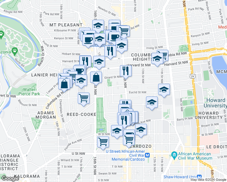 map of restaurants, bars, coffee shops, grocery stores, and more near 101 Independence Avenue Southeast in Washington