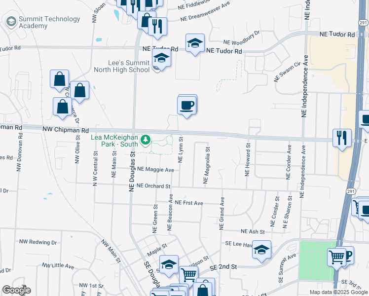map of restaurants, bars, coffee shops, grocery stores, and more near 611 Northeast Lynn Street in Lee's Summit